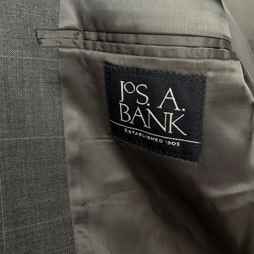 Jos. A. Bank 2-Piece Suit Mens 46L 37x31 100% Wool WINDOWPANE Charcoal Grey